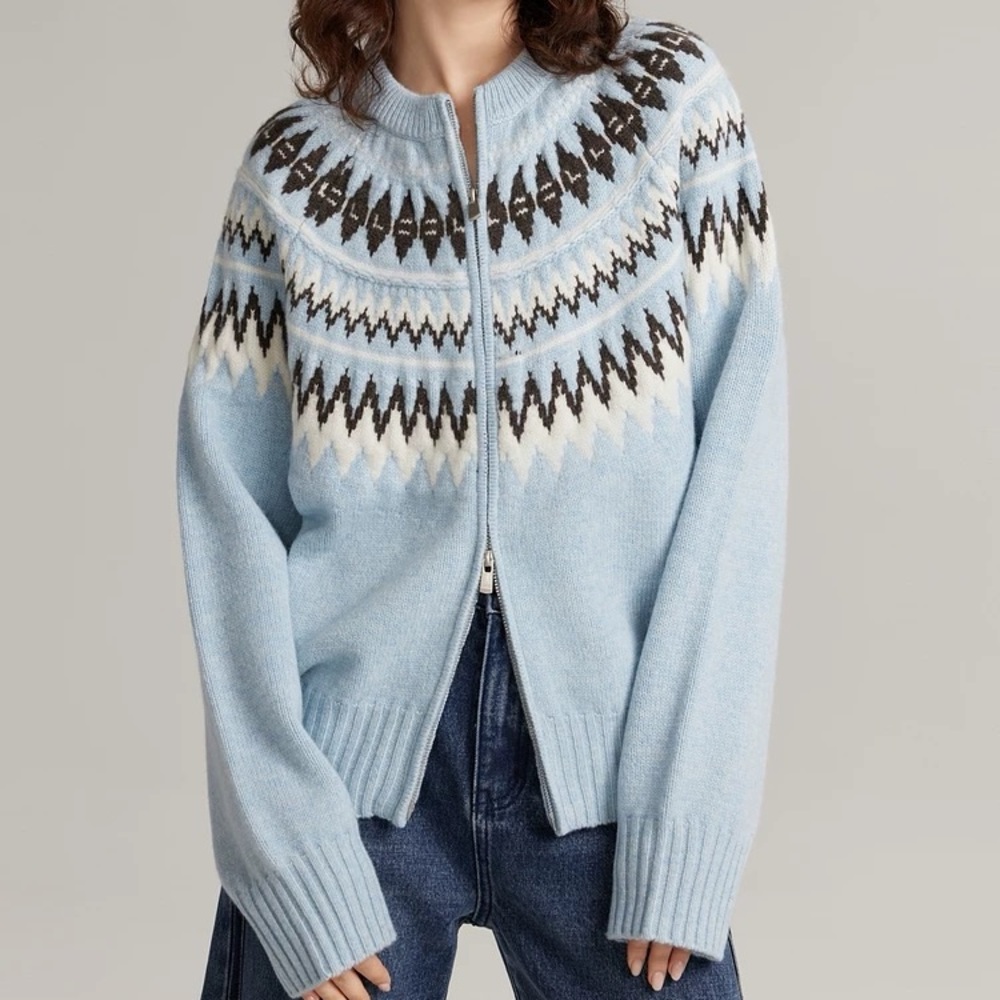 Elle Light Blue and Brown Patterned Cardigan